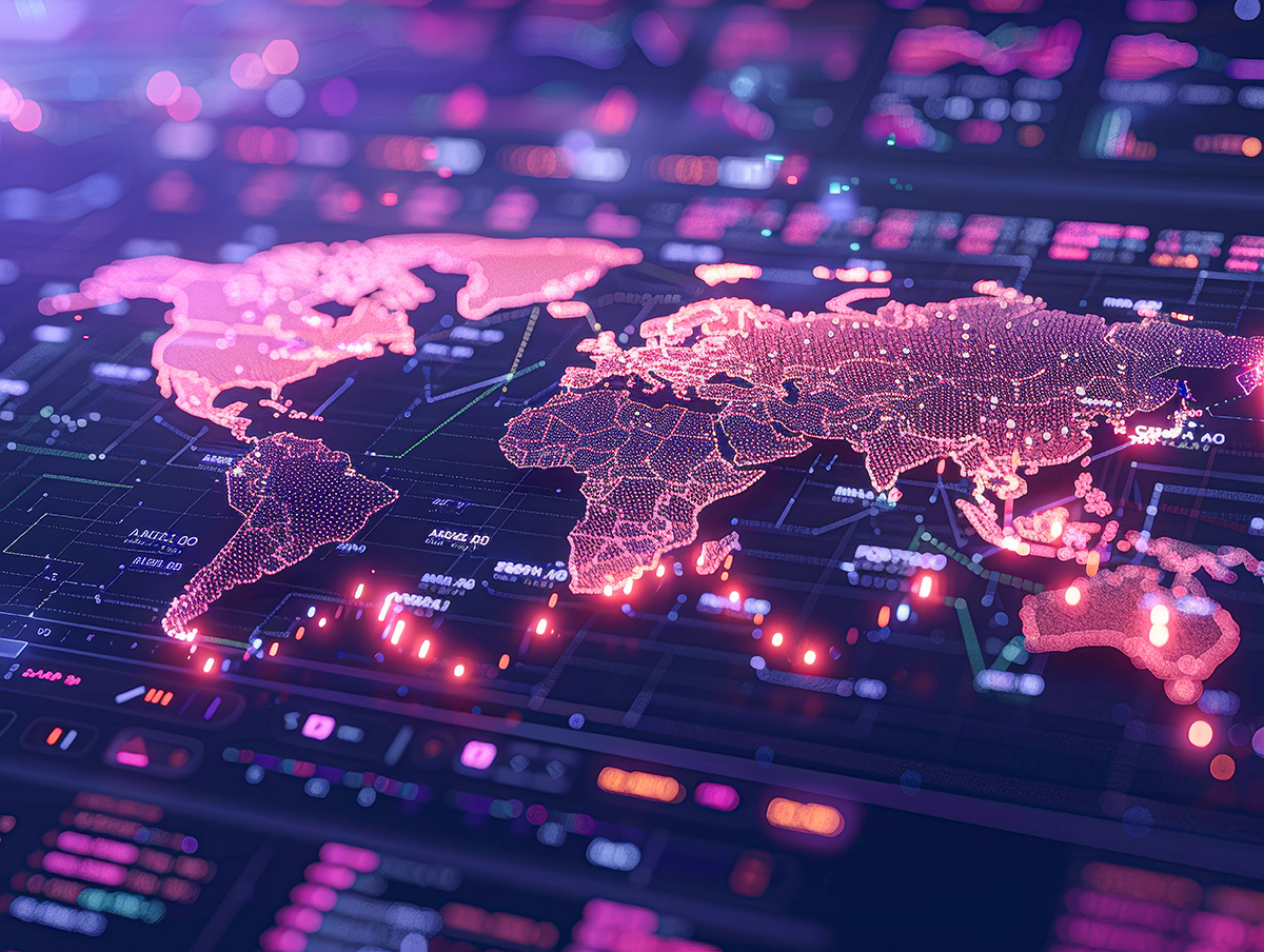 Colorful digital world map glow on a dark data dashboard.