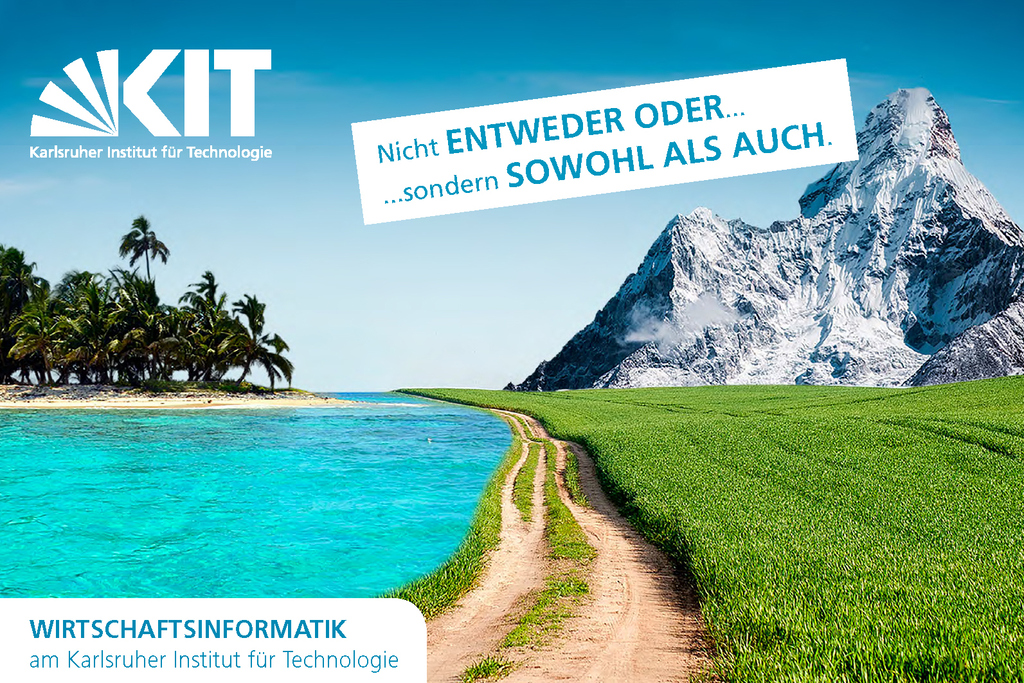 Werbebanner des KIT für Wirtschaftsinformatik: Kontrast aus Tropenlandschaft und verschneiten Bergen.