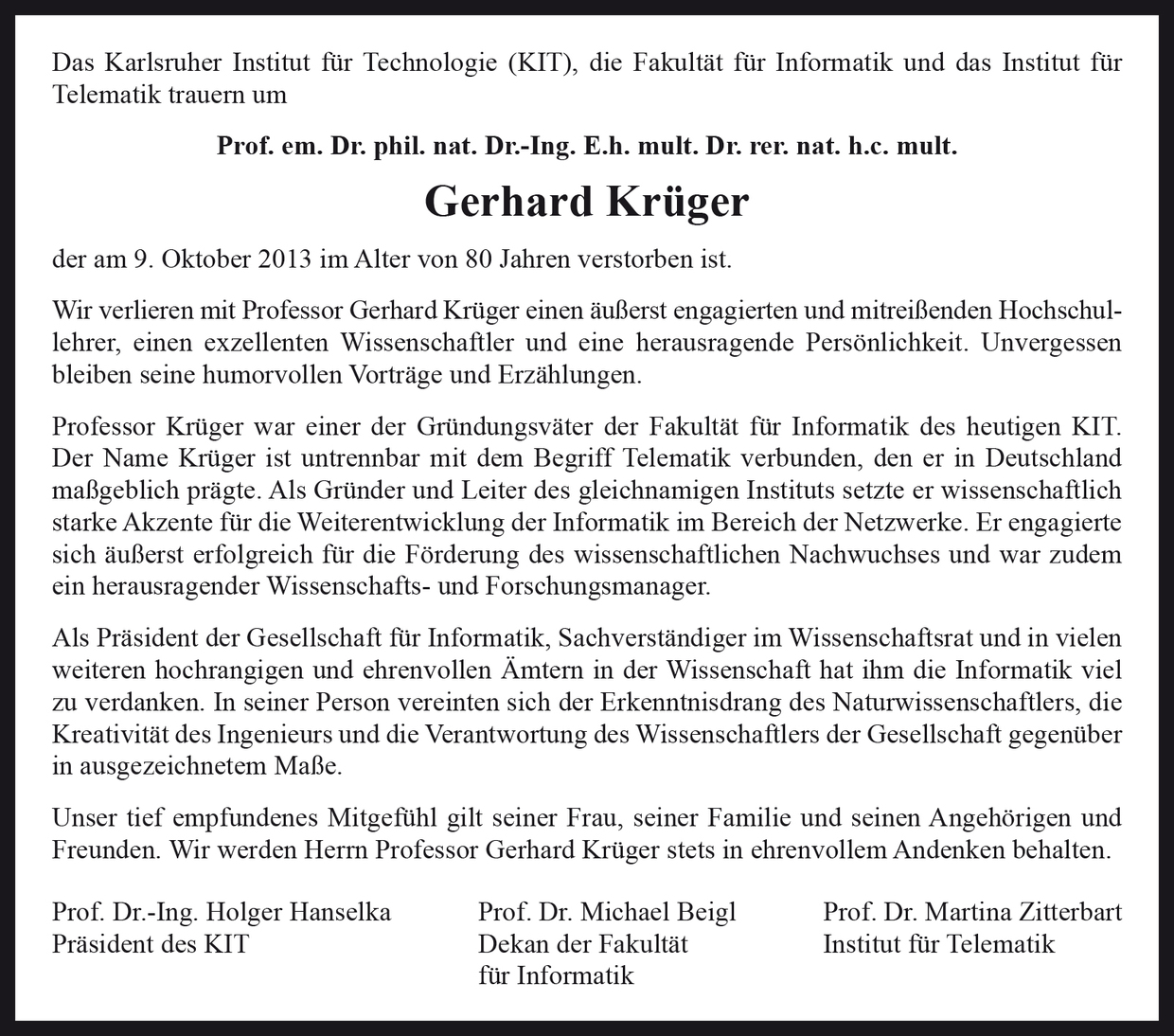 Traueranzeige Professor Gerhard KrÃ¼ger