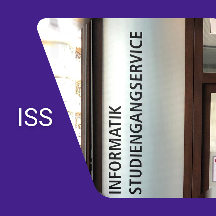 "Informatik Studiengangservice Schild, ISS-Logo links."
