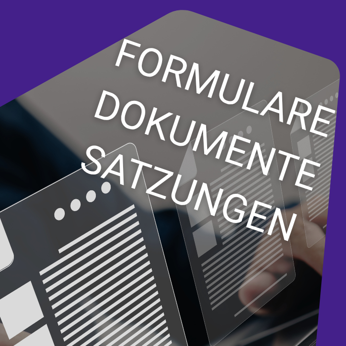 Digitale Dokumentenverwaltung mit Formularen, Dokumenten und Satzungen im Hintergrund.