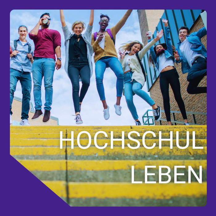 Students jumping on steps, text reads "Hochschul Leben" (University Life).