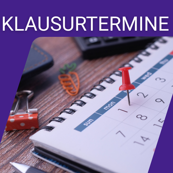 Kalender mit Reißzwecke und der Aufschrift "Klausurtermine".