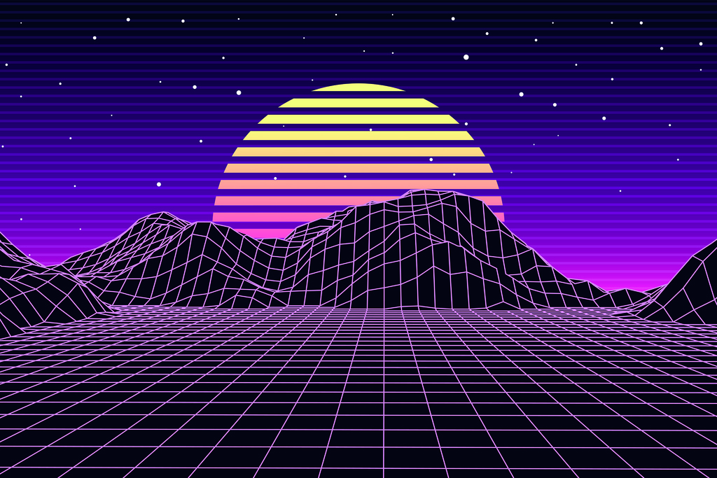 Retro-Synthwave-Landschaft mit Gittermodell, gestreifter Sonne und violettem Sternenhimmel.