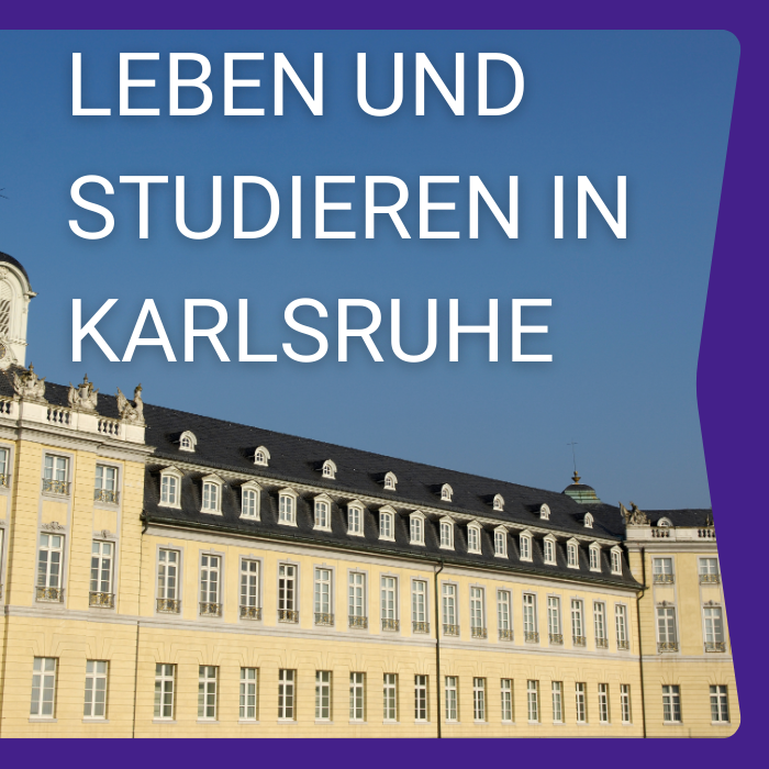 Historisches Schlossgebäude in Karlsruhe bei klarem Himmel, Text über Studium.