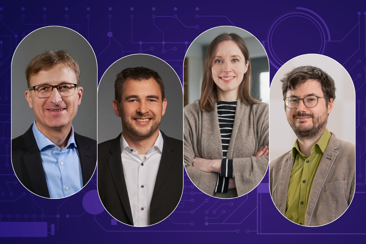 Vier Personen auf lila Hintergrund: von links nach rechts Prof. Beigl, Prof. Niehues, Prof. Gerling, Prof. Neumann