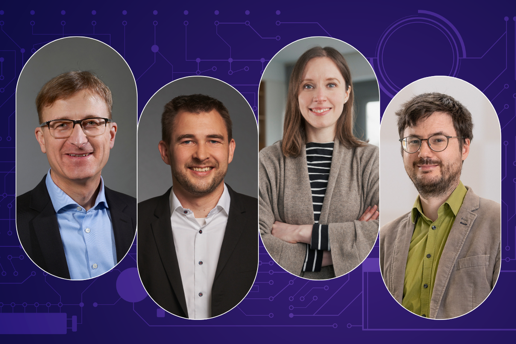 Vier Menschen, oval herausgehoben. von links nach rechts: Prof. Beigl, Prof. Niehues, Prof. Gerling, Prof. Neumann