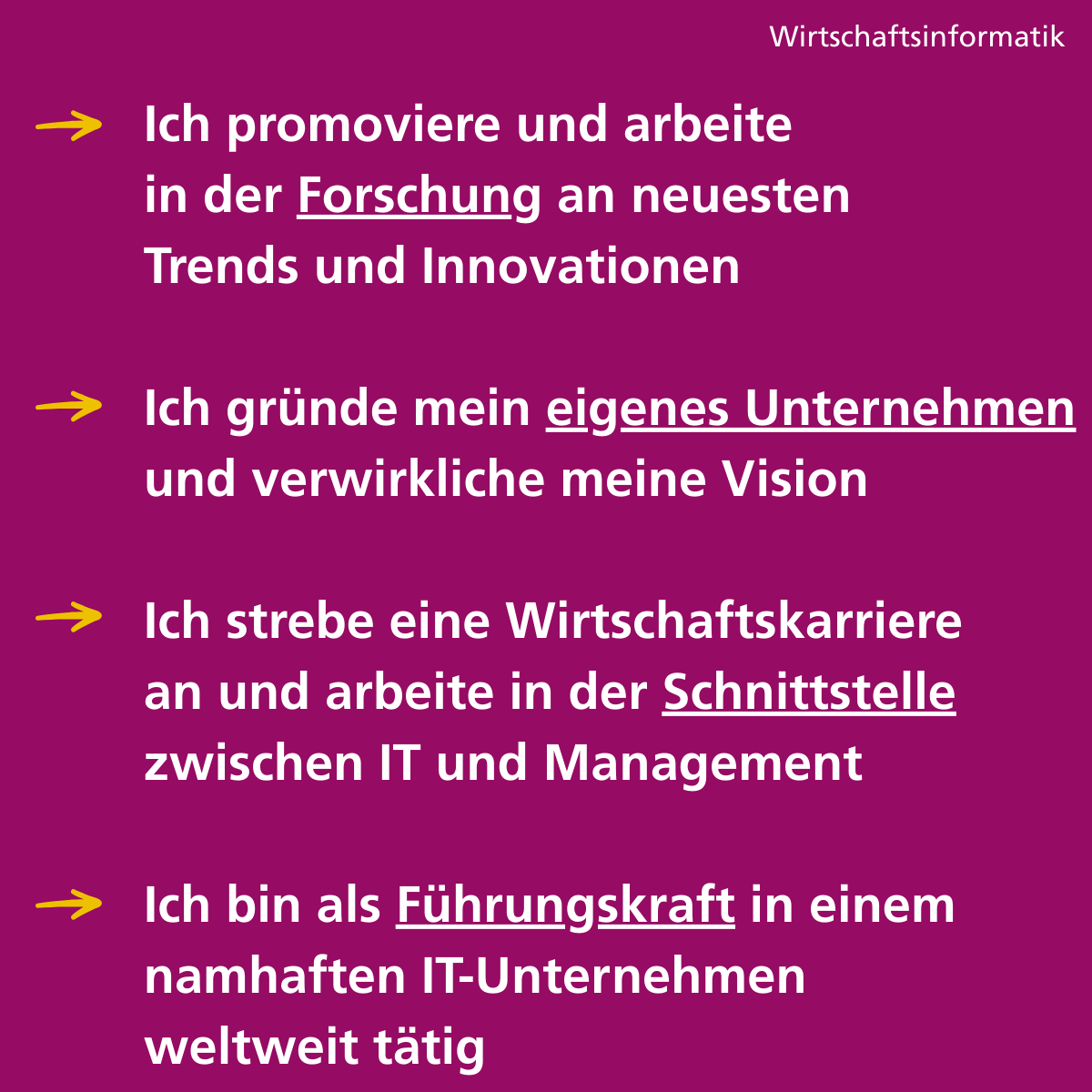 Alt-Text: Text zu Karrierezielen und Tätigkeiten in der Wirtschaftsinformatik. Forschung, Management, eigenes Unternehmen.