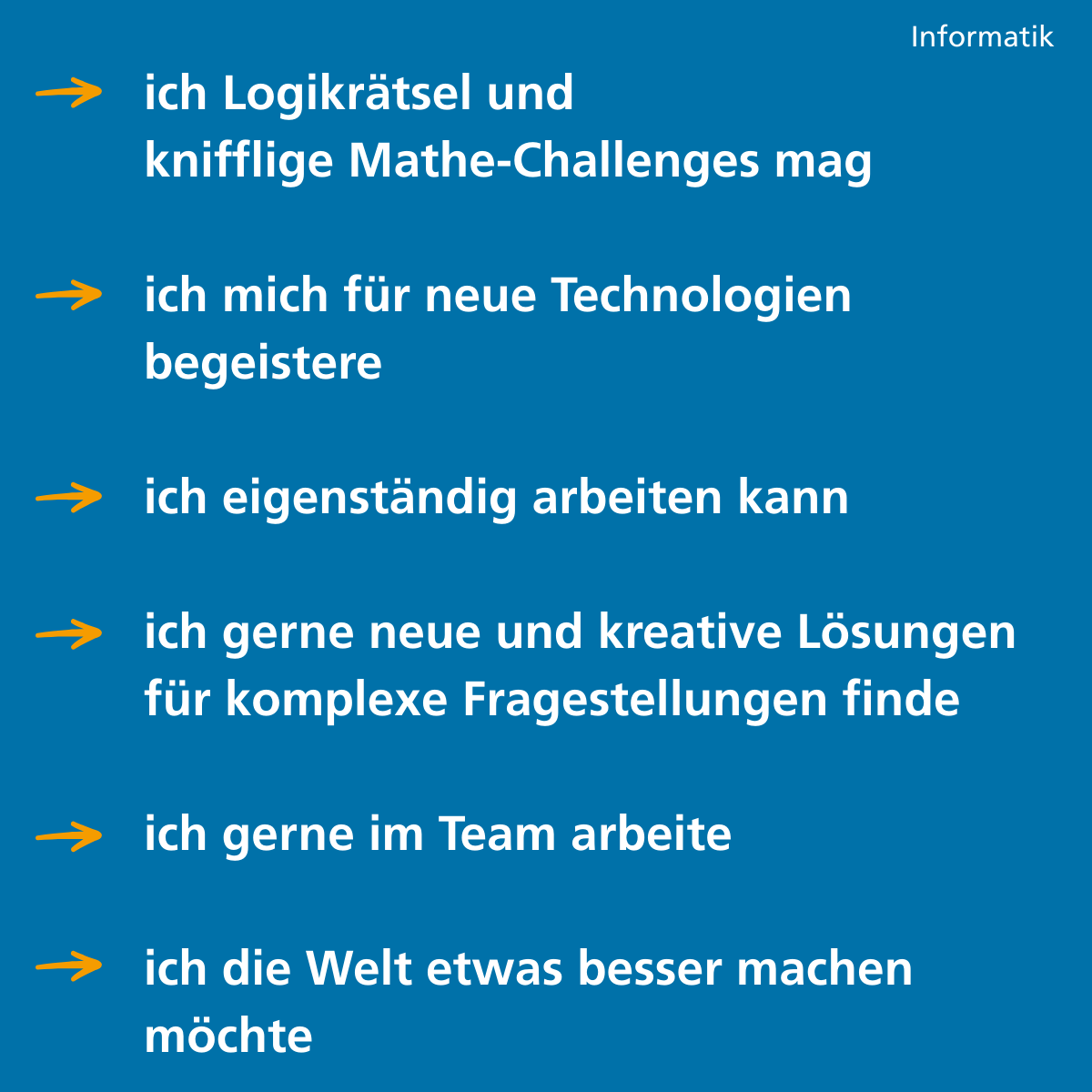 Liste von persönlichen Eigenschaften: Logikrätsel, Technologiebegeisterung, Teamarbeit, Kreativität.