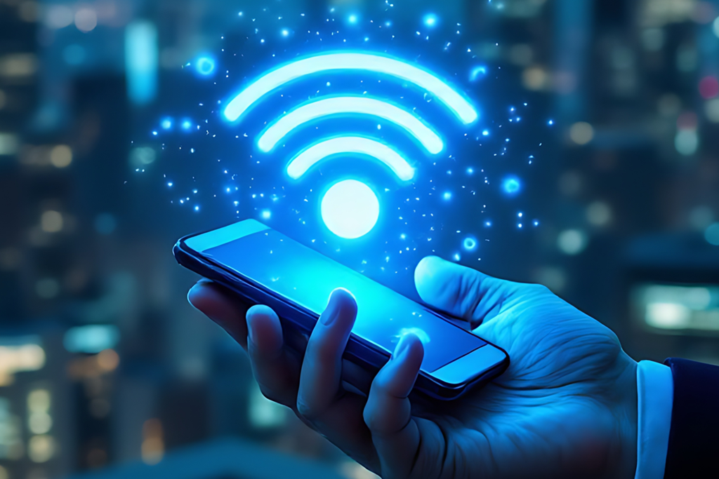 Hand hält Smartphone mit leuchtendem WLAN-Symbol und digitaler Verbindung im Hintergrund.